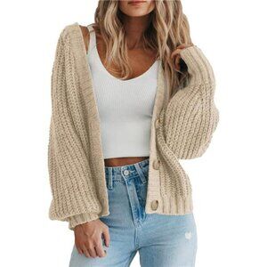 Women's Chunky Knit Open Front Sweater Long Sleeve Button Loose Tan Apricot